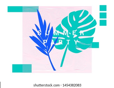 Set of pastel simple universal geometric shapes and palm leaves. Summer party event poster, sale promo, music cover in vaporwave/ retrowave 80s-90s style.