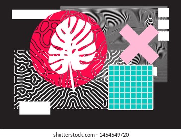 Set of pastel simple universal geometric shapes and palm leaves. Summer party event poster, sale promo, music cover in vaporwave/ retrowave 80s-90s style.