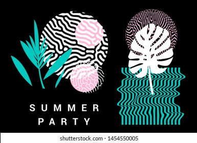 Set of pastel simple universal geometric shapes and palm leaves. Summer party event poster, sale promo, music cover in vaporwave/ retrowave 80s-90s style.