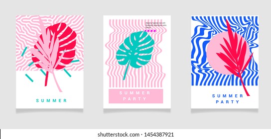 Set of pastel simple universal posters with geometric shapes and palm leaves composition. Summer party event poster, sale promo, music cover in vaporwave/ retrowave 80s-90s style.