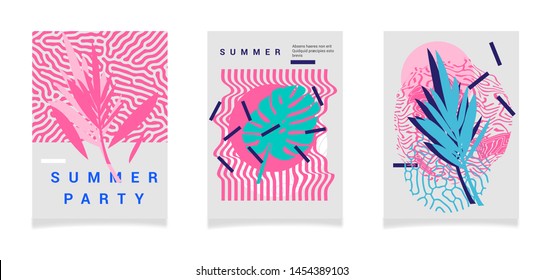 Set of pastel simple universal posters with geometric shapes and palm leaves composition. Summer party event poster, sale promo, music cover in vaporwave/ retrowave 80s-90s style.