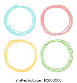 Set of pastel soft color crayon colorful hand drawing round design elements with pastel chalk or pencil texture. Pink, green, blue, yellow circle frames background. Vector. 