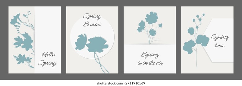Un conjunto de tarjetas de primavera pastel con sutiles siluetas botánicas. Perfecto para redes sociales, blogs, carteles, postales, materiales de marketing y campañas publicitarias de primavera.