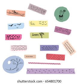Set of pastel stickers with worn out texture and different hand drawn elements. Creative design elements for web, blog, card, poster, invitation, brochure, print, scrapbooking, etc.