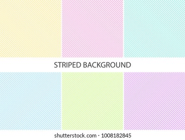 Set of pastel striped pattern with colorful diagonal parallel continuous lines on white background, pastel colors. Vector illustration