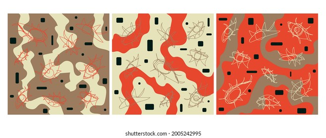 Conjunto de texturas pastel para decoración e impresión. Conjunto de patrones con puntos y líneas. Ilustraciones del doodle. Juego de afiches. Arte abstracto, arte contemporáneo.