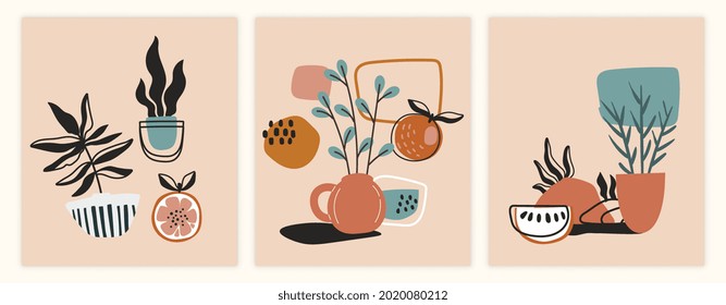 Set of pastel wall art paintings on beige background. Concept of still life composition with vases, plants. Green botanical, tangerine branch, lemon. Flat cartoon vector illustration