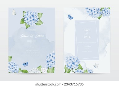 Set of pastel watercolor invitation cards with blue hydrangea flowers, decorated with butterflies, and stain textures. Vector perfect for a wedding card, save the date, or greeting card.