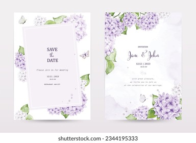 Set of pastel watercolor invitation cards with purple hydrangea flowers, decorated with butterflies, and stain textures. Vector perfect for a wedding card, save the date, or greeting card.