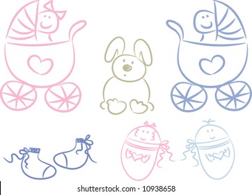 Set of pastel-colored baby items, doodle style (vector)