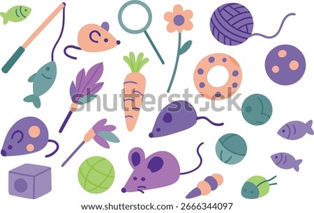 Set of pastel-colored flat design vector icons of cat toys, including balls, scratching posts, mice. Soft-toned pet-themed illustration.