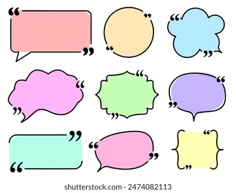 A set of pastel-colored speech bubbles with quotation marks in various shapes. Ideal for highlighting quotes, dialogues, and messages in creative projects.