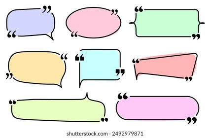 A set of pastel-colored speech bubbles with quotation marks in various shapes. Ideal for highlighting quotes, dialogues, and messages in creative projects.