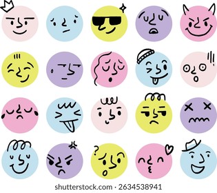 A set of pastel-style emoticon icons featuring fun and expressive faces in colorful circles, ideal for social content, stickers, or playful branding visuals.