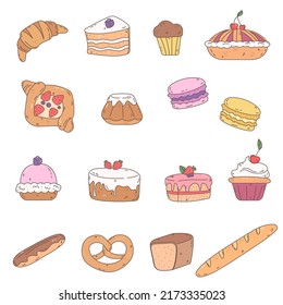 Set of pastries and bread in doodle style. 