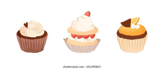 Set of pastries in cupcake paper. Vanilla and chocolate cakes decorated with whipped cream, berries and orange slice. Sweet sugar desserts. Colored vector illustration isolated on white background