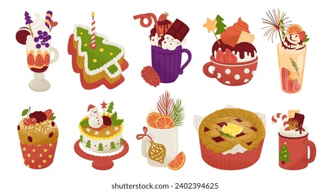 A set of pastries and drinks decorated with chocolate, berries and cream. Sweet treats for a New Year's party. Menu for the Christmas table. Vector illustration.