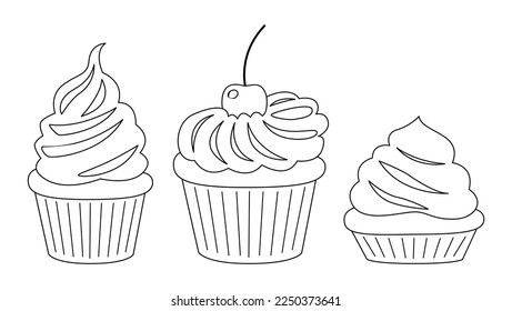 Paneles de bollería, muffins en un bosquejo de papel de bizcocho. Pasteles de vainilla y chocolate decorados con crema batida, bayas y cerezas. Postres dulces de azúcar. Ilustración del vector aislada en fondo blanco