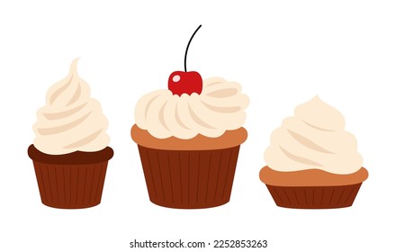 Bollería y muffins en papel de bizcocho. Pasteles de vainilla y chocolate decorados con crema batida, bayas y cerezas. Postres dulces de azúcar. Ilustración vectorial coloreada aislada en fondo blanco