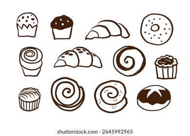 Conjunto com esboço de pastelaria em fundo isolado. Doodle com croissants, muffin, creme, biscoitos, padaria francesa, Design para café, menu, cartão, brochura. Ilustração desenhada à mão do vetor alimentar