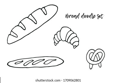 Set of pastries sketch black on white background. Baguette, baton, pretzel, croissant Doodle illustration. Various sorts of bread in lines. For bakery, logo, postcards 300 DPI