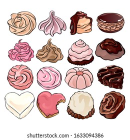 Set of pastries and sweet bakery: meringues, whipped cream, cookies, icing sugar, chocolate roll. Delicacies. Collection of solated vector illustrarions for cooking, cafe menu