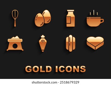 Set Pastry bag, Coffee cup, Candy in heart shaped box, Hotdog sandwich, Bag flour, Bottle with milk, Kitchen whisk and Easter eggs icon. Vector