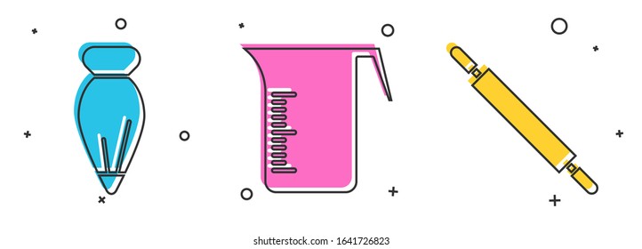 Set Pastry bag for decorate cakes, Measuring cup and Rolling pin icon. Vector