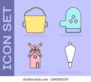 Set Pastry bag for decorate cakes, Bakery bowl dough , Windmill  and Oven glove  icon. Vector