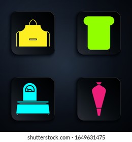 Set Pastry bag for decorate cakes, Kitchen apron , Scales  and Bread toast. Black square button. Vector