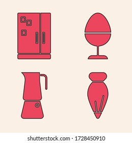 Set Pastry bag for decorate cakes, Refrigerator, Chicken egg on a stand and Moka pot icon. Vector