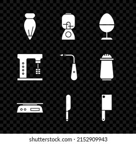 Set Pastry bag for decorate cakes, Blender, Chicken egg on stand, Electronic scales, Knife, Meat chopper, Electric mixer and Long electric lighter icon. Vector