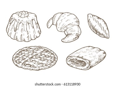 Set Of Pastry Baking. Pies, Patties And Croissant. Hand Drawing Of Confectionery. Linear Graphic Vector Illustration. 