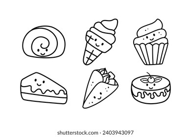Set Pastry Cake Lineart isolated on a white background. Design suitable for icons, stickers, children's books, etc. Vector - Illustration. 