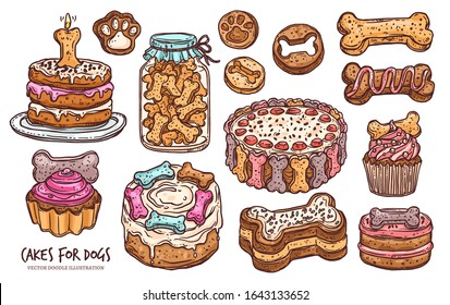 Set of pastry, cookie, cakes for dog for anniversary or happy birthday. Canine food, dessert with bone, cupcake, cookie and cream. Puppy holiday. Sketch vector doodle hand drawn illustration