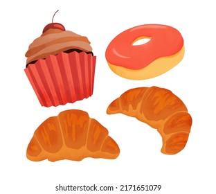 set of pastry croissant donut cupcake isolated vector textured illustrations