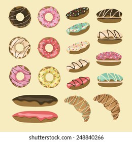 Set of  pastry. Donuts, eclairs, croissants, macaroons. Vector illustration