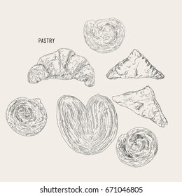set of pastry , hand drawn sketch vintage style vector.