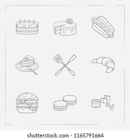 Set of pastry icons line style symbols with double burger, dessert, piece of cake and other icons for your web mobile app logo design.