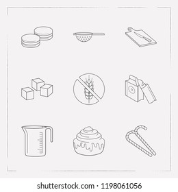 Set of pastry icons line style symbols with cutting board, macaron, measuring cup and other icons for your web mobile app logo design.