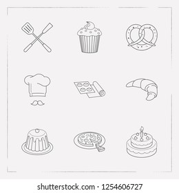 Set of pastry icons line style symbols with pretzel, pudding, pizza and other icons for your web mobile app logo design.