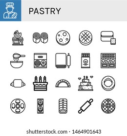 Set of pastry icons such as Baker, Donut shop, Bun, Chocolate chip, Round bread, Bread, Dough, Donut, Wafer, Cookies, Croissant, Cake, Cheburek, Wedding cake, Bagel, Cheesecake , pastry