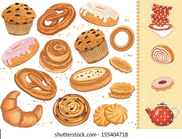 Set of pastry isolated over white background