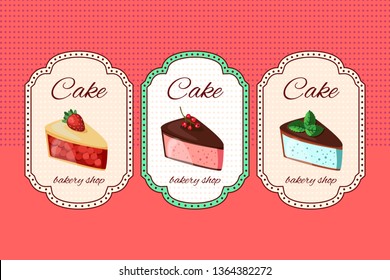 Set of pastry posters, banners for sweet food. Donut, cheesecake, cake illustration promotion. Made in cartoon flat style. For your design, announcements, posters, restaurant menu. 