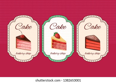 Set of pastry posters, banners for sweet food. Donut, cheesecake, cake illustration promotion. Made in cartoon flat style. For your design, announcements, posters, restaurant menu. 