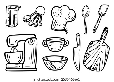 Conjunto de utensílios de pastelaria doodle desenhado à mão. Biscoitos para assar. Misturador, tigela, faca, tabuleiro, ferramentas de medição. Louça. Utensílios. Ilustração da arte da linha de esboço do vetor.