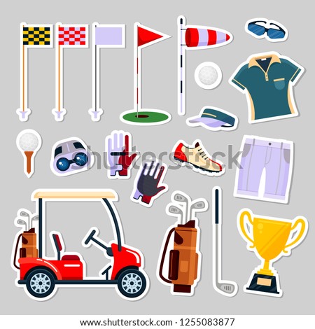 Set of patch badges golf equipment icon logo in flat style. Clothes and accessories for golfing, sport game, vector illustration