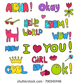 Set of patch badges with speech bubbles, hearts,lips.Vector illustration.