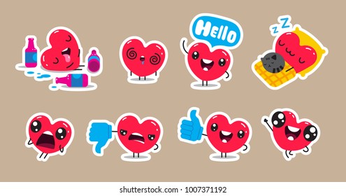 Set of patch badges and stickers with cute hearts characters. Vector design.
