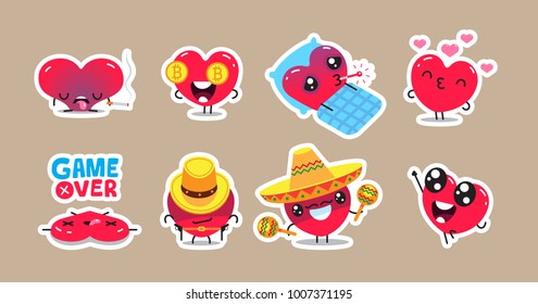 Set of patch badges and stickers with cute hearts characters. Vector design.